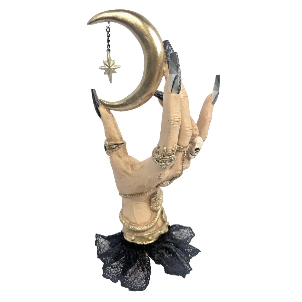 Eerie Charm Gothic Hand Moon Star Figurine Halloween Decor Resin Shelf Statue